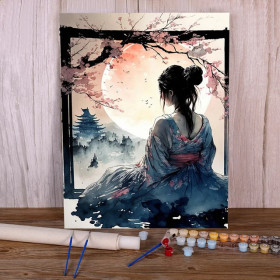 Kit de peinture par numero - Geisha sous la Lune et Cerisiers
