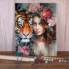 Kit de peinture par numero - Symbiose Florale (Femme & Tigre)