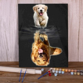 Kit de peinture par numero - Golden Retriever : Chiot et son Reflet Majestueux