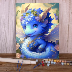 Kit de peinture par numero - Bébé Dragon Bleu Elfique Créature Fantastique Féerique