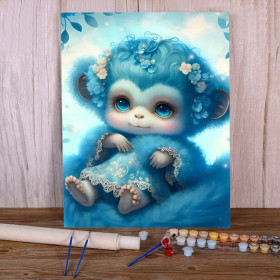 Kit de peinture par numero - Adorable Bébé Singe Bleu Couronne Florale Nuages Douceur