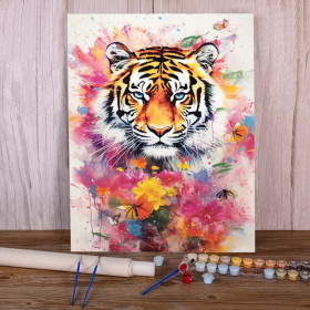 Kit de peinture par numero - Tigre aux Éclats de Fleurs et Papillons