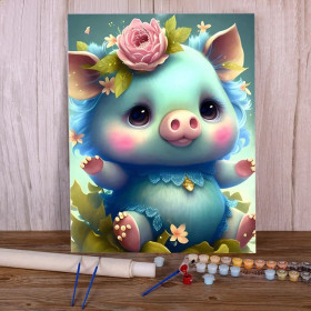 Kit de peinture par numero - Cochon bleu féérique entouré de fleurs