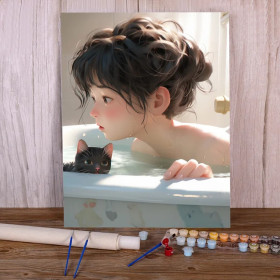 Kit de peinture par numero - Enfant dans baignoire avec chaton