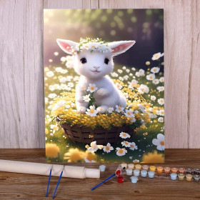 Kit de peinture par numero - Lapin printemps fleurs panier nature