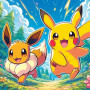 Kit de peinture par numero - Pikachu et Évoli : Course Joyeuse dans la Nature