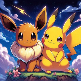Kit de peinture par numero - Pikachu et Évoli sous la Nuit Étoilée