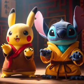 Kit de peinture par numero - Pikachu et Stitch : Le Duo de Kung Fu