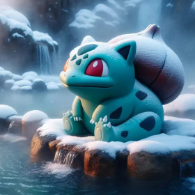 Kit de peinture par numero - Bulbizarre aux Sources Chaudes : Détente sous la Neige