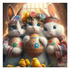 Kit de peinture par numero - Chat et Lapins de Pâques : Le Trio aux Œufs Décorés