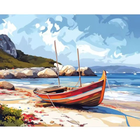 Kit de peinture par numero - Barque Rouge sur Plage Méditerranéenne