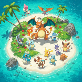 Kit de peinture par numero - L'Île aux Pokémon : Un Paradis Tropical à Peindre