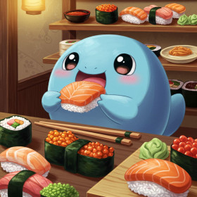 Kit de peinture par numero - Petit Monstre Bleu et son Festin de Sushis Kawaii