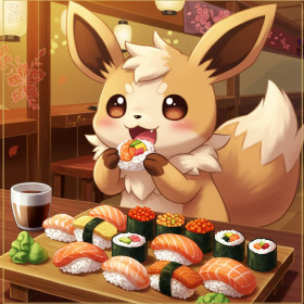 Kit de peinture par numero - Évoli et ses Sushis : Le Festin Kawaii
