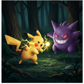 Kit de peinture par numero - Pikachu contre Ectoplasma : Duel au Cœur de la Forêt