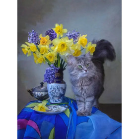 Kit de peinture par numero - Chat Persan Curieux et Bouquet de Printemps | Kit DIY Joyeux et Ludique
