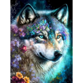 Kit de peinture par numero - Loup de Nuit aux Fleurs Mauves