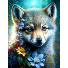 Kit de peinture par numero - Louveteau aux Yeux de Cristal et Fleurs d'Été