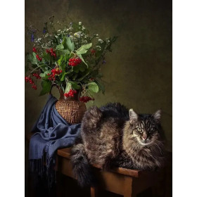 Kit de peinture par numero - Kit Chat Angora et Bouquet Vintage | Tableau DIY Chic et Élégant