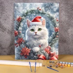 Kit de peinture par numero - Le Chat Blanc dans sa Couronne de Noël