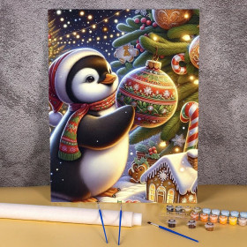 Kit de peinture par numero - Le Pingouin Décorateur de Noël