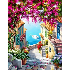 Kit de peinture par numero - Village Méditerranéen aux Bougainvilliers