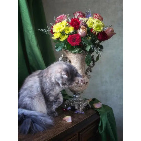 Kit de peinture par numero - Kit Chat Persan et Bouquet Multicolore