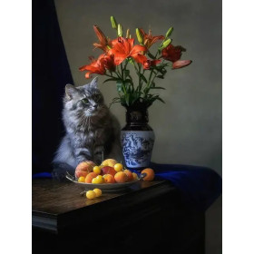 Kit de peinture par numero - Chat et Lys Orangés sur Fond Vintage