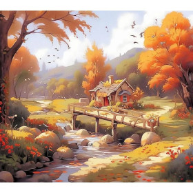 Kit de peinture par numero - Chaumière d'Automne Le Pont de Bois