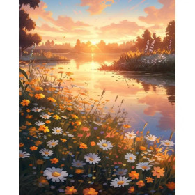 Kit de peinture par numero - Coucher de Soleil Marguerites au Bord du Lac