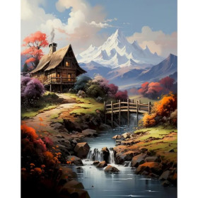 Kit de peinture par numero - Chalet de Montagne Le Torrent Alpin