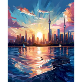 Kit de peinture par numero - Coucher de Soleil sur la Ville Reflets Dorés