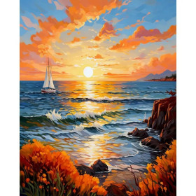 Kit de peinture par numero - Coucher de Soleil en Mer Le Voilier Doré