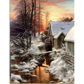 Kit de peinture par numero - Moulin d'Hiver Crépuscule Enneigé