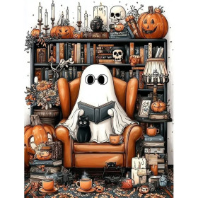 Kit de peinture par numero - Fantôme Lecteur dans sa Bibliothèque d'Halloween
