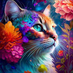 Kit de peinture par numero - Fleuri Enchanteur Tableau Félin Onirique