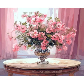 Kit de peinture par numero - Symphonie Rosée : Bouquet de Fleurs et Vase Argenté