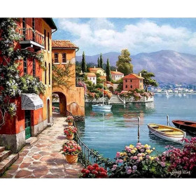 Kit de peinture par numero - Village Méditerranéen : Bord de Lac Fleuri