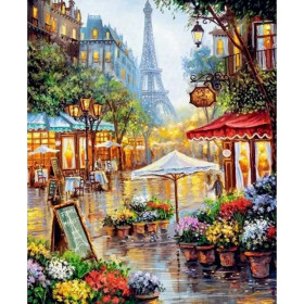 Kit de peinture par numero - Marché Parisien et Tour Eiffel : Éclat Fleuri