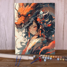 Kit de peinture par numero - La Gardienne du Dragon de Feu : Style Anime Japonais