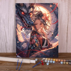 Kit de peinture par numero - La Femme au Kimono et son Dragon Héroïque : Style Anime