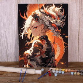 Kit de peinture par numero - La Gardienne et son Dragon de Feu Orange : Style Anime