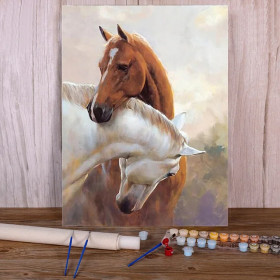 Kit de peinture par numero - Tendres Complicités Chevaux Câlins
