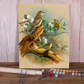 Kit de peinture par numero - Trio de Fauvettes au Cœur du Printemps