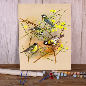 Kit de peinture par numero - Quatuor de Mésanges : Le Printemps en Fleurs Jaunes