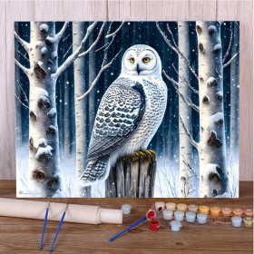 Kit de peinture par numero - Chouette des Neiges dans la Forêt Hivernale